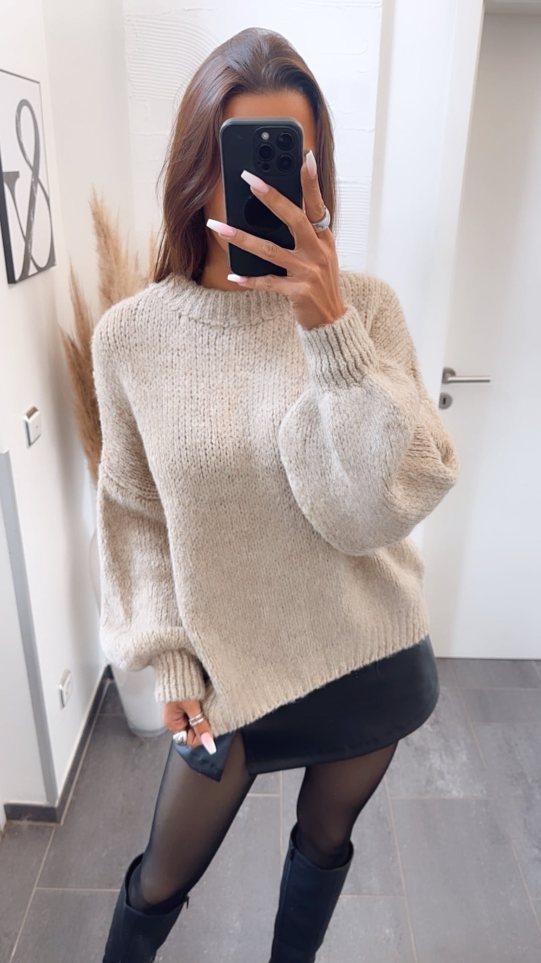 Strick Pullover mit höherem Rundausschnitt / beige Art. 7738