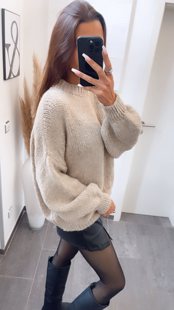Strick Pullover mit höherem Rundausschnitt / beige Art. 7738