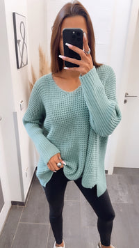 grober Strick Pullover, engere Ärmel, V-Ausschnitt / petrol Art. 7737