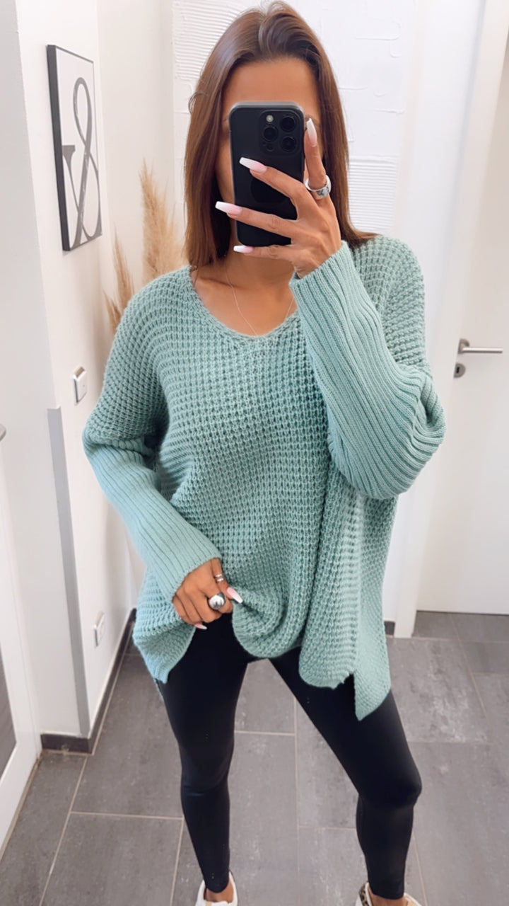 grober Strick Pullover, engere Ärmel, V-Ausschnitt / petrol Art. 7737