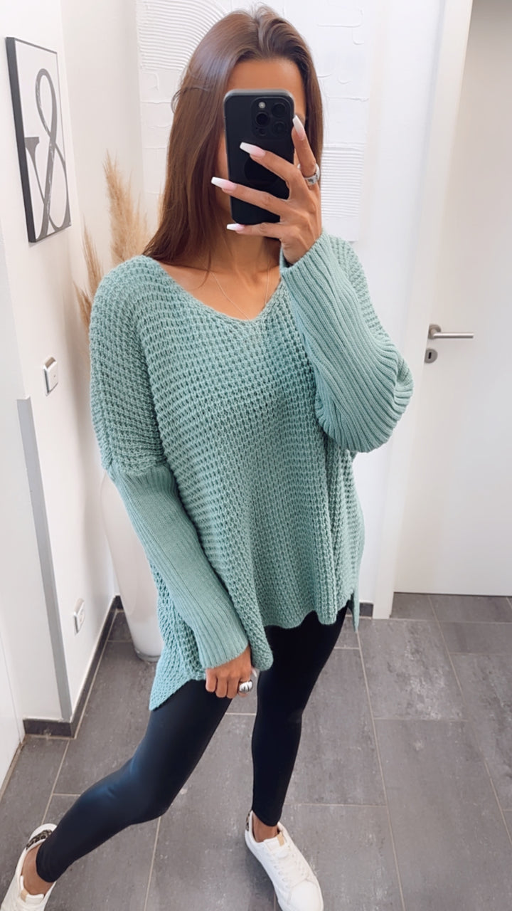grober Strick Pullover, engere Ärmel, V-Ausschnitt / petrol Art. 7737