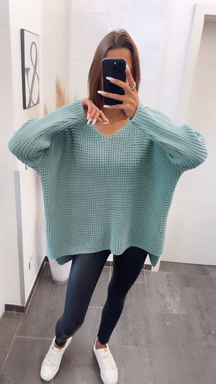 grober Strick Pullover, engere Ärmel, V-Ausschnitt / petrol Art. 7737