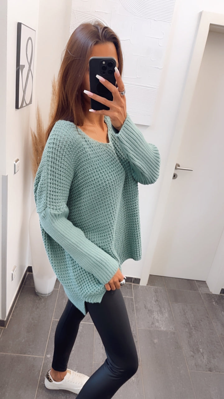 grober Strick Pullover, engere Ärmel, V-Ausschnitt / petrol Art. 7737