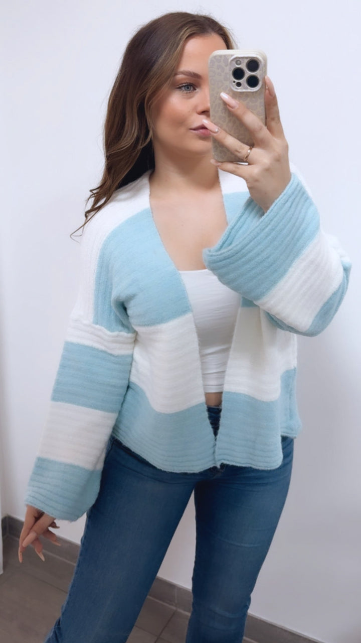 STREIFEN weiter, offener Cardigan / weiss - hell blau Art. 14685