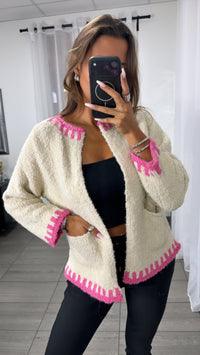 Strick Cardigan in Bouclé-Optik mit Akzenten / creme - pink Art.16312