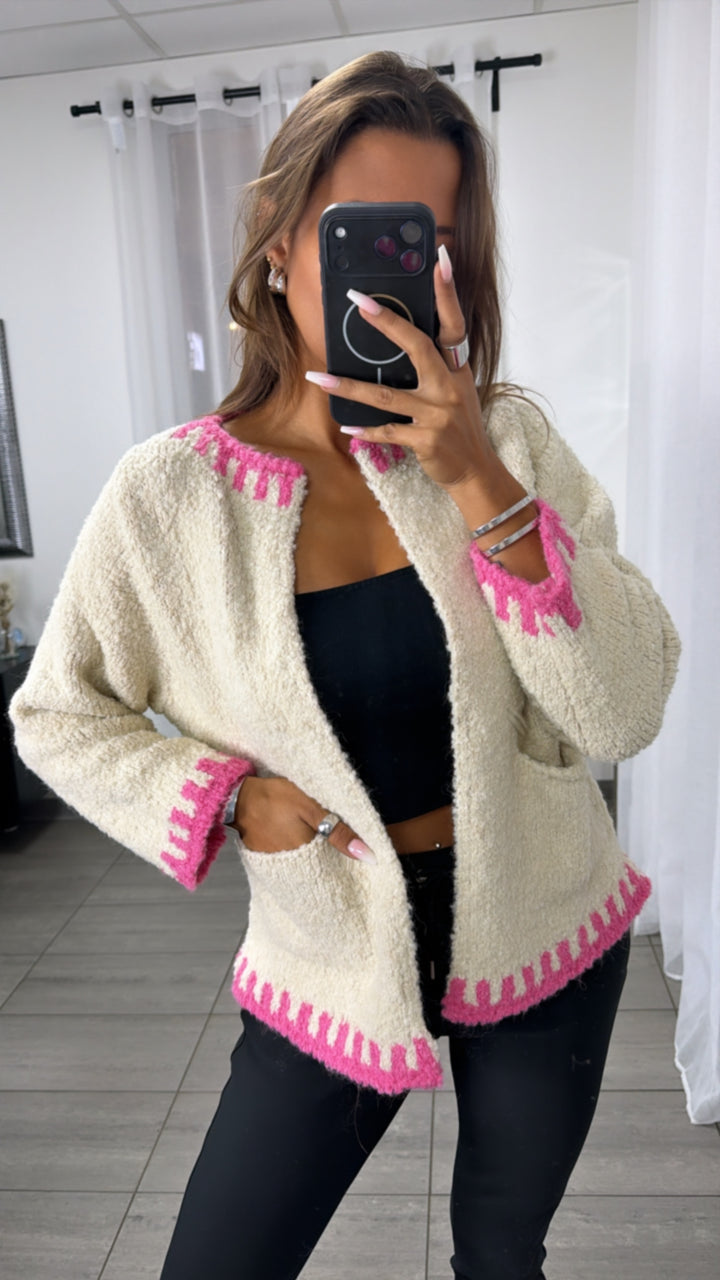 Strick Cardigan in Bouclé-Optik mit Akzenten / creme - pink Art.16312