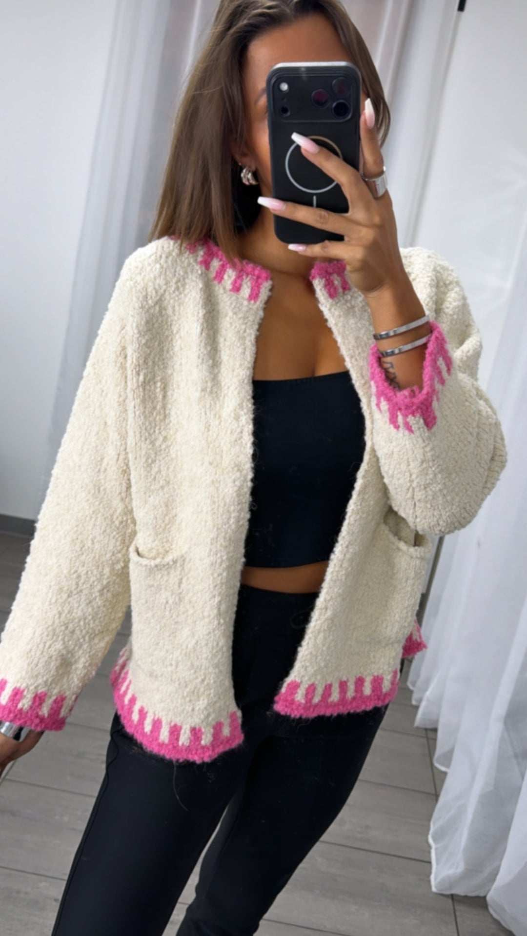 Strick Cardigan in Bouclé-Optik mit Akzenten / creme - pink Art.16312