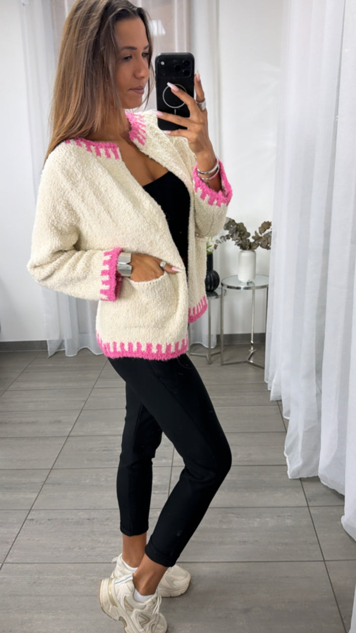Strick Cardigan in Bouclé-Optik mit Akzenten / creme - pink Art.16312