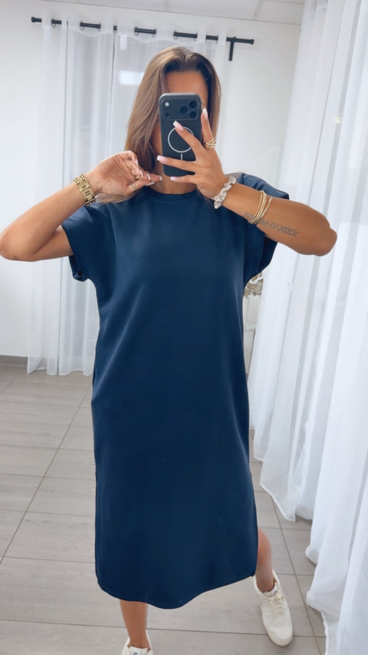 T Shirt Kleid Butterstoff mit seitlichen Taschen / dunkel blau Art.14965