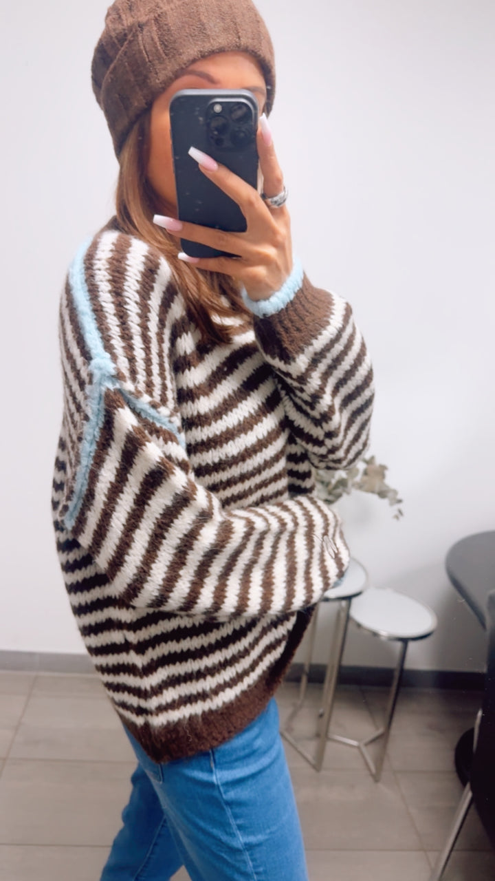 kurzer Kuschel Pullover, gestreift / schoko braun - weiß - hell blau Art. 13624
