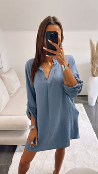 Musselin Blusen Kleid mit V-Ausschnitt / taubenblau Art. 9003