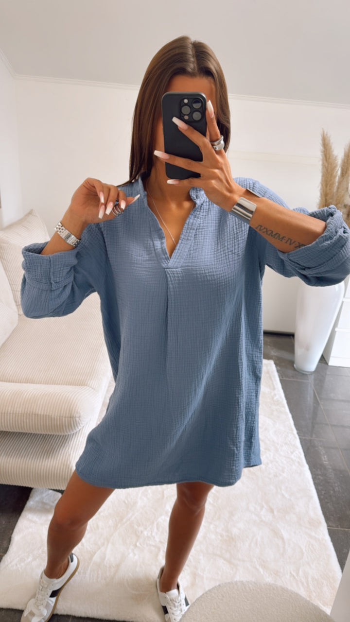 Musselin Blusen Kleid mit V-Ausschnitt / taubenblau Art. 9003