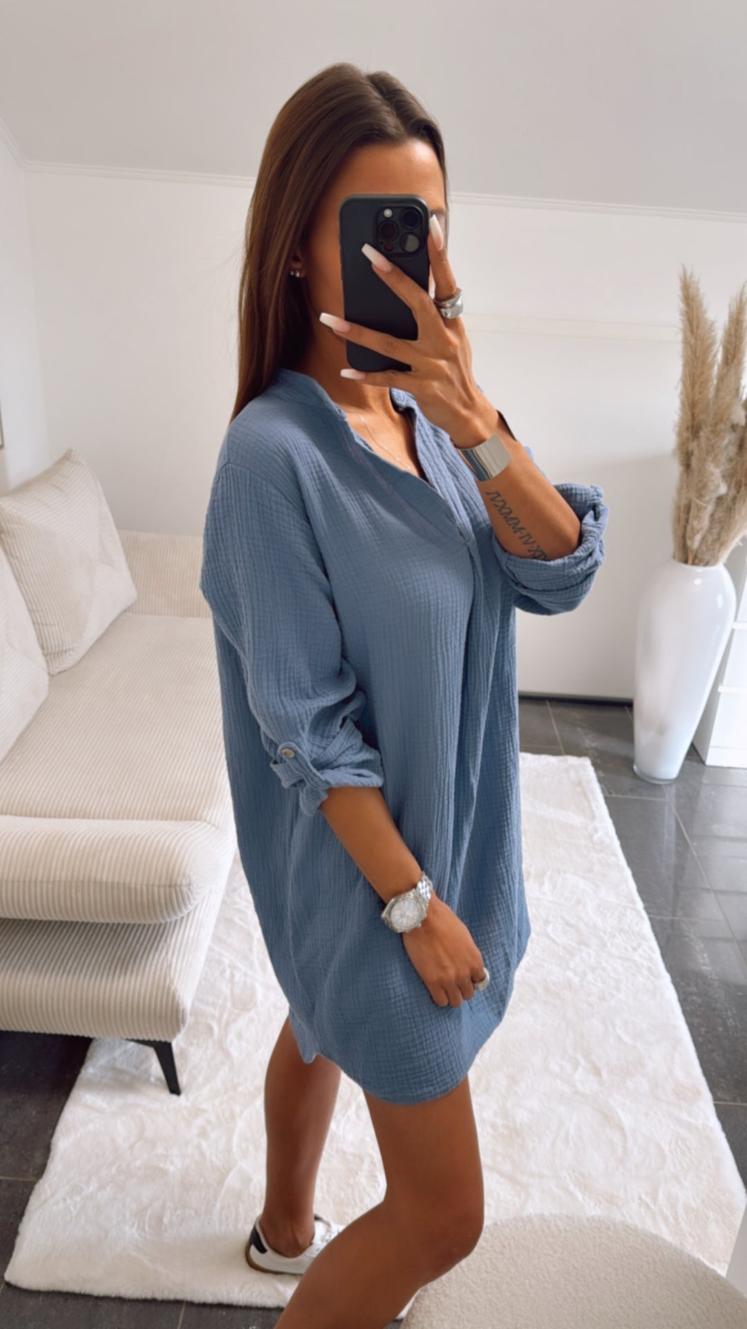 Musselin Blusen Kleid mit V-Ausschnitt / taubenblau Art. 9003