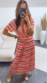 MAXI Kleid mit T-Shirt Ärmeln und raffiniertem Brustbereich ZICKZACK MUSTER / pink  - petrol - gelb - orange Art.15007