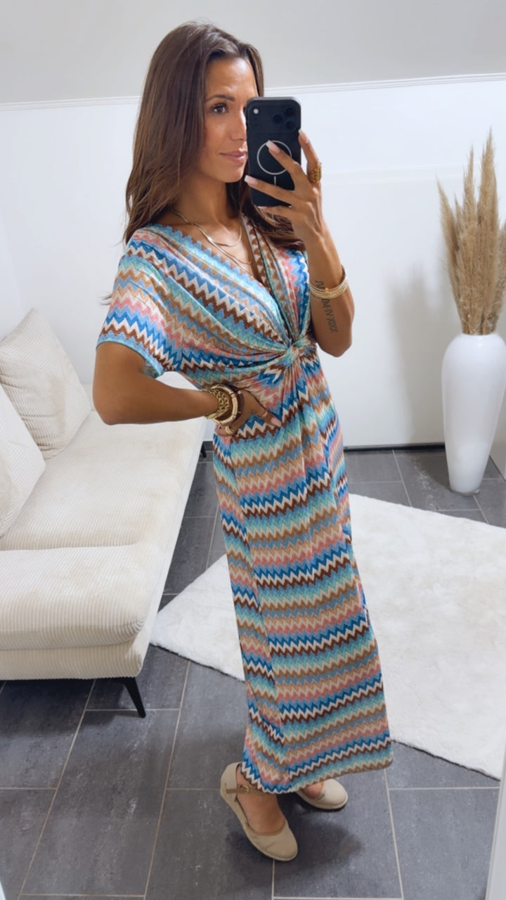 VORBESTELLUNG! MAXI Kleid mit T-Shirt Ärmeln und raffiniertem Brustbereich ZICKZACK MUSTER / blau - braun - rosa - weiss Art.15008