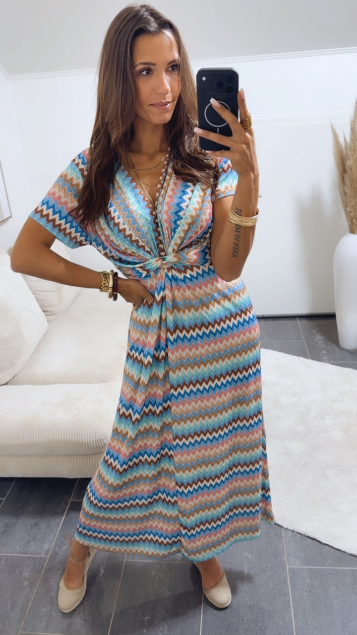 VORBESTELLUNG! MAXI Kleid mit T-Shirt Ärmeln und raffiniertem Brustbereich ZICKZACK MUSTER / blau - braun - rosa - weiss Art.15008