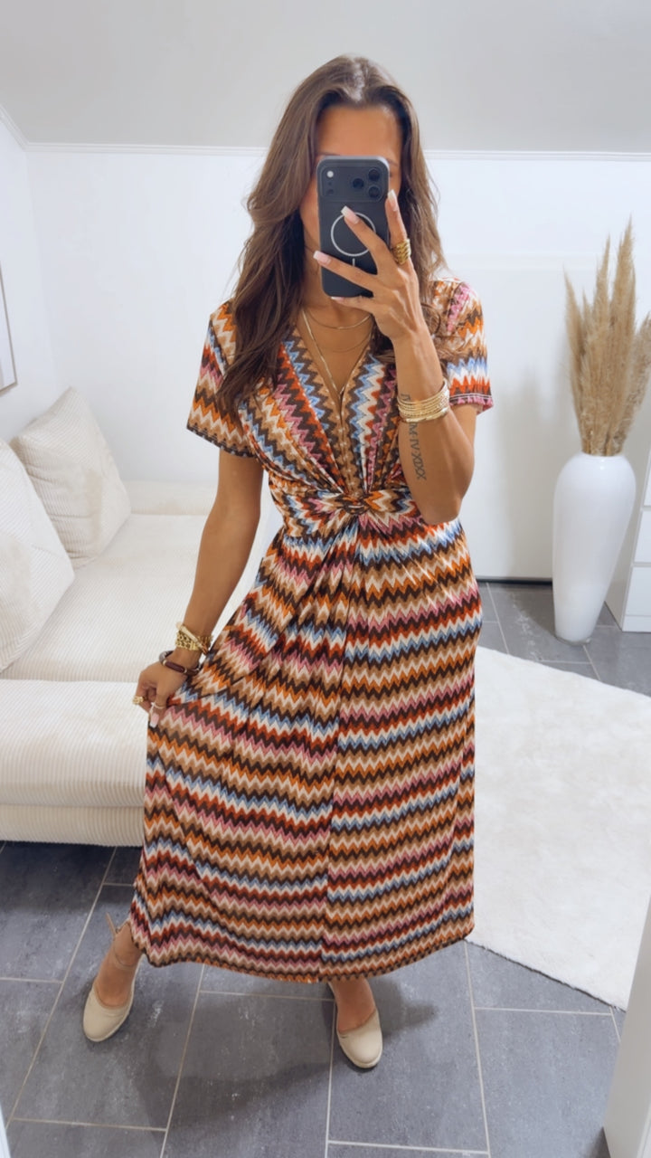 MAXI Kleid mit T-Shirt Ärmeln und raffiniertem Brustbereich ZICKZACK MUSTER / beige - braun - orange - blau  - rosa Art.15009