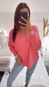 Lockeres Langarm Oberteil mit V-Ausschnitt / pink Art. 9025