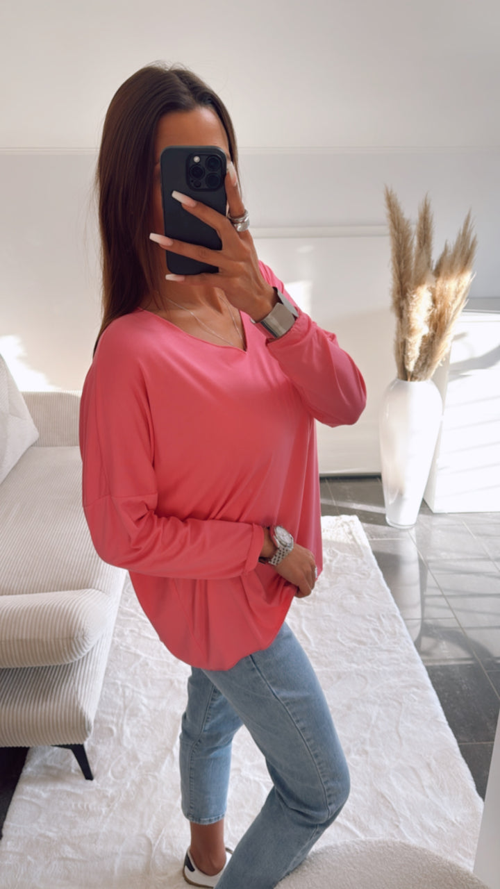 Lockeres Langarm Oberteil mit V-Ausschnitt / pink Art. 9025