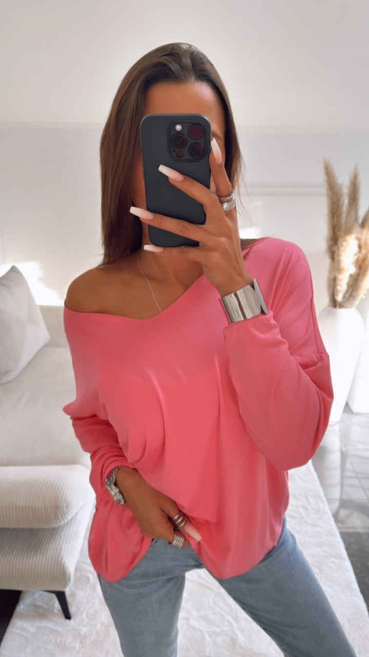 Lockeres Langarm Oberteil mit V-Ausschnitt / pink Art. 9025