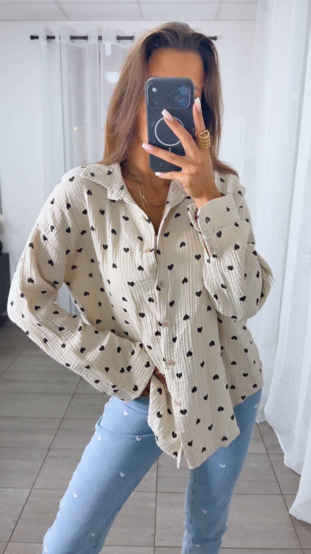 KURZE HERZEN Musselin Bluse / beige - schwarz Art.15019
