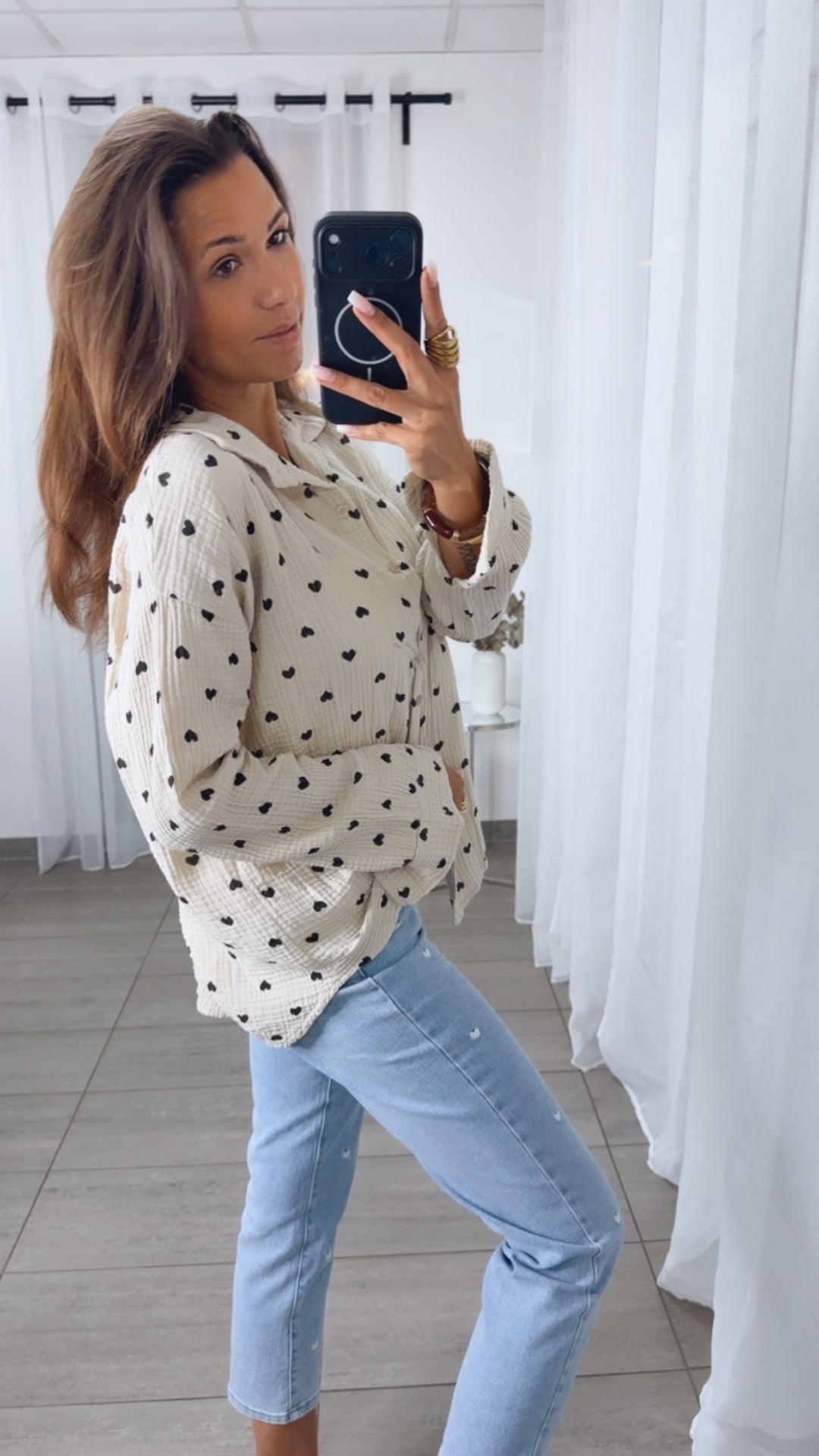 KURZE HERZEN Musselin Bluse / beige - schwarz Art.15019