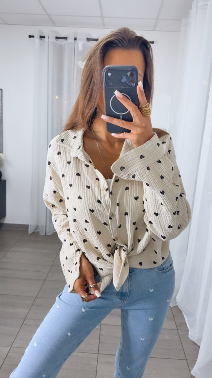 KURZE HERZEN Musselin Bluse / beige - schwarz Art.15019