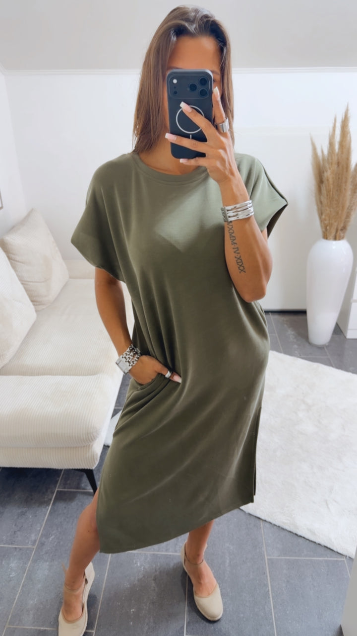T Shirt Kleid Butterstoff mit seitlichen Taschen / khaki Art.14968