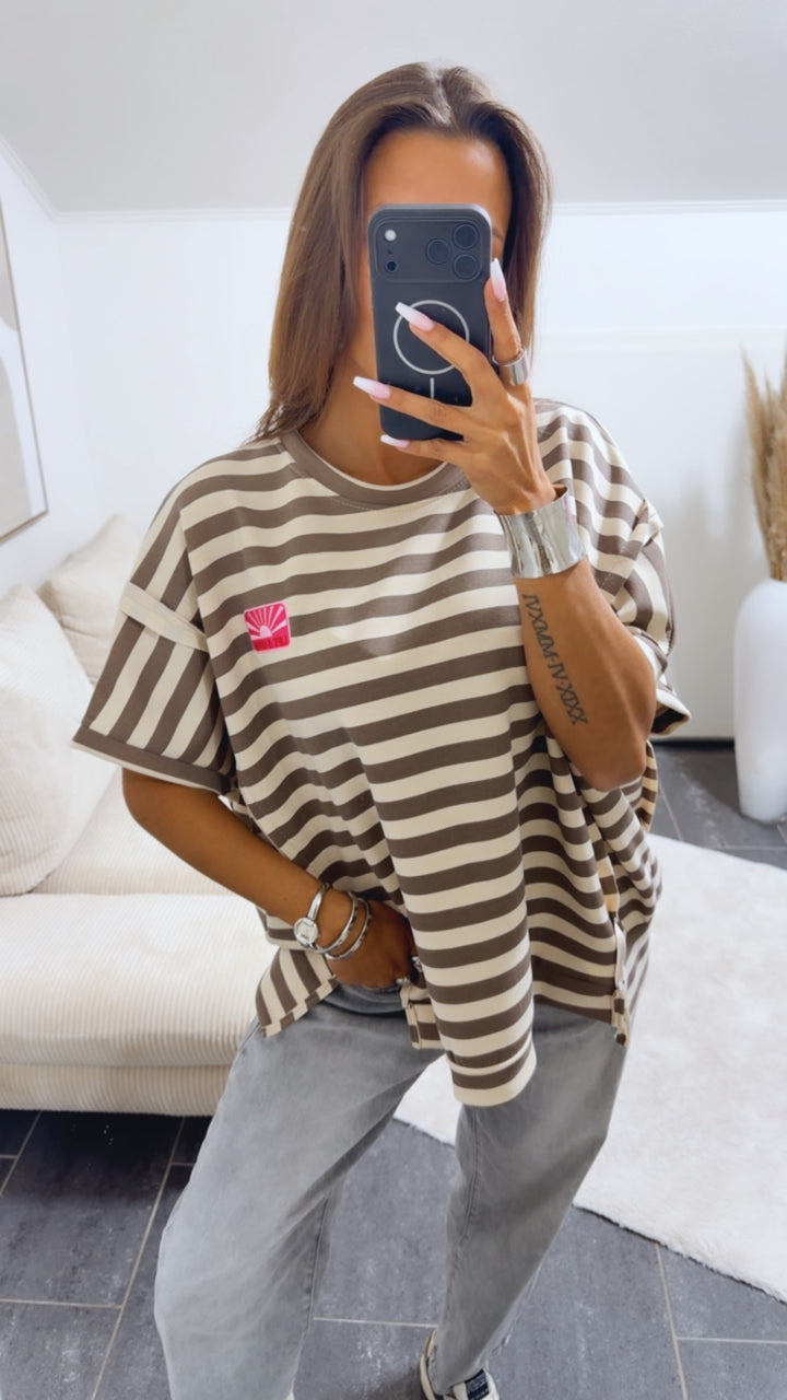 LIFE IS GOOD Mega Oversize T Shirt mit Streifen / beige - taupe Art.15043