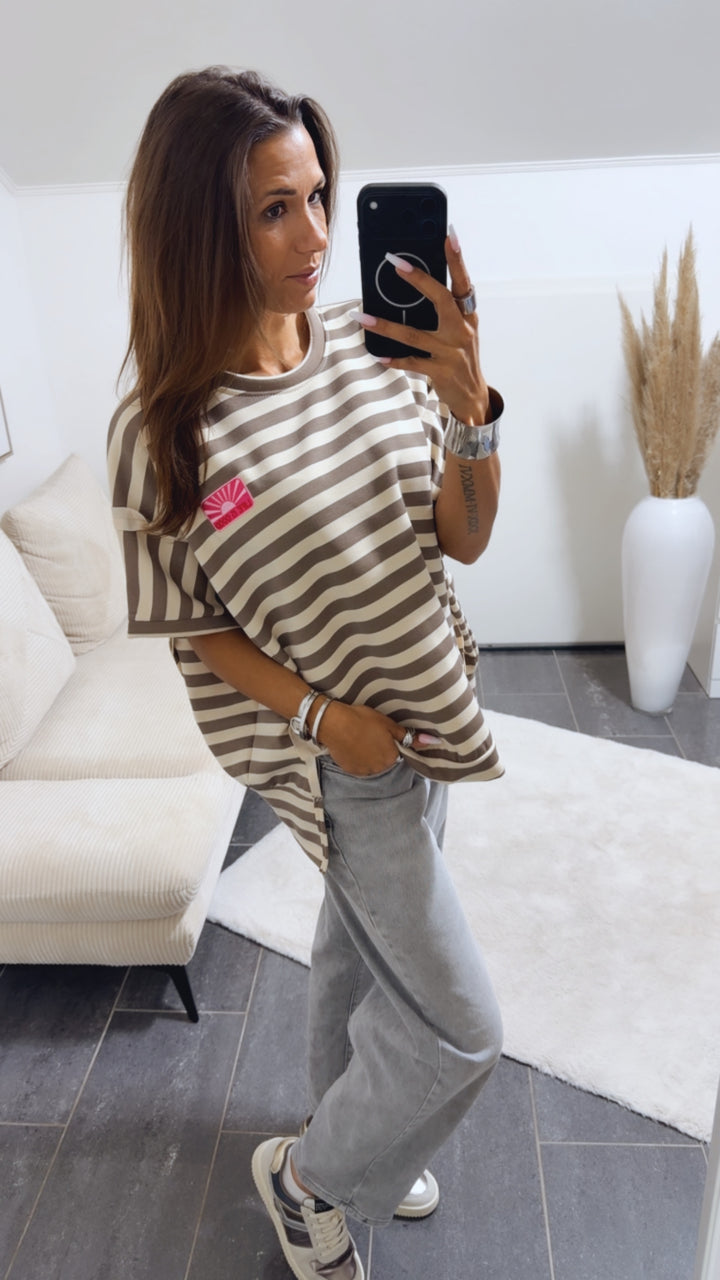 LIFE IS GOOD Mega Oversize T Shirt mit Streifen / beige - taupe Art.15043