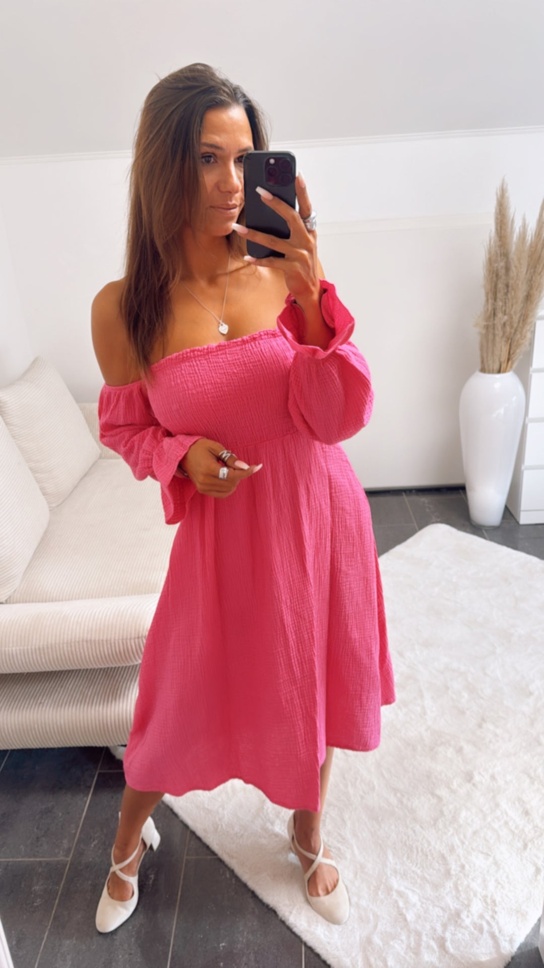 (Midi-) off - shoulder Musselin Kleid / pink Art. 10864