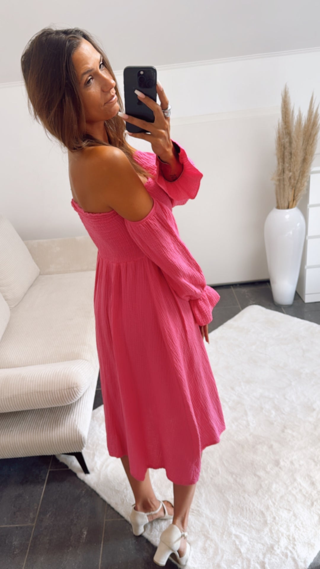 (Midi-) off - shoulder Musselin Kleid / pink Art. 10864
