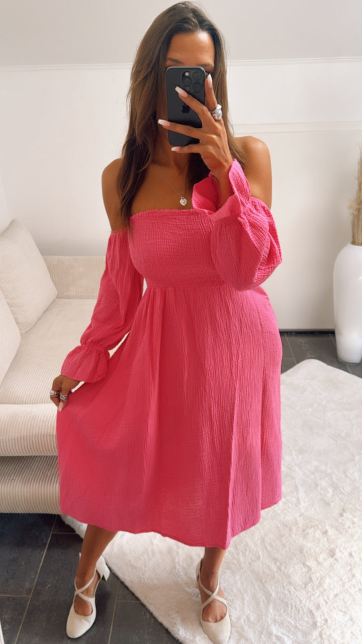 (Midi-) off - shoulder Musselin Kleid / pink Art. 10864