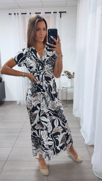 FLOWER MAXI Kleid mit T-Shirt Ärmeln raffiniertem Brustbereich / schwarz - beige Art.15055