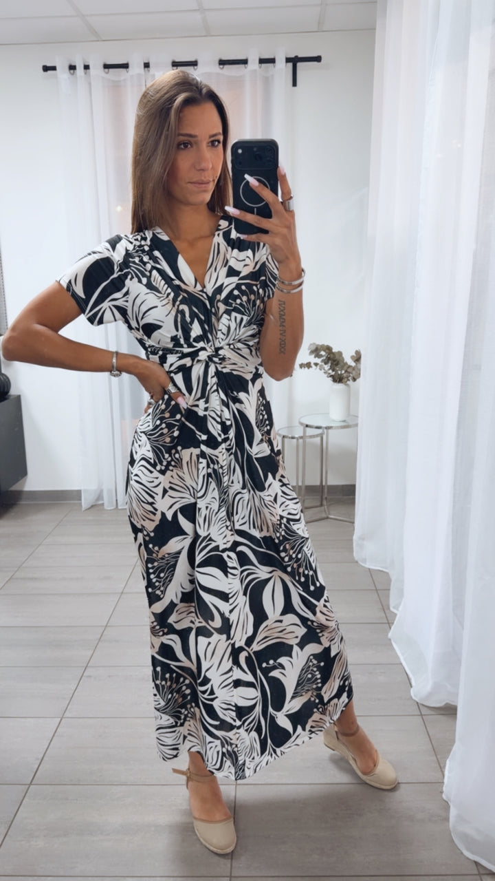FLOWER MAXI Kleid mit T-Shirt Ärmeln raffiniertem Brustbereich / schwarz - beige Art.15055