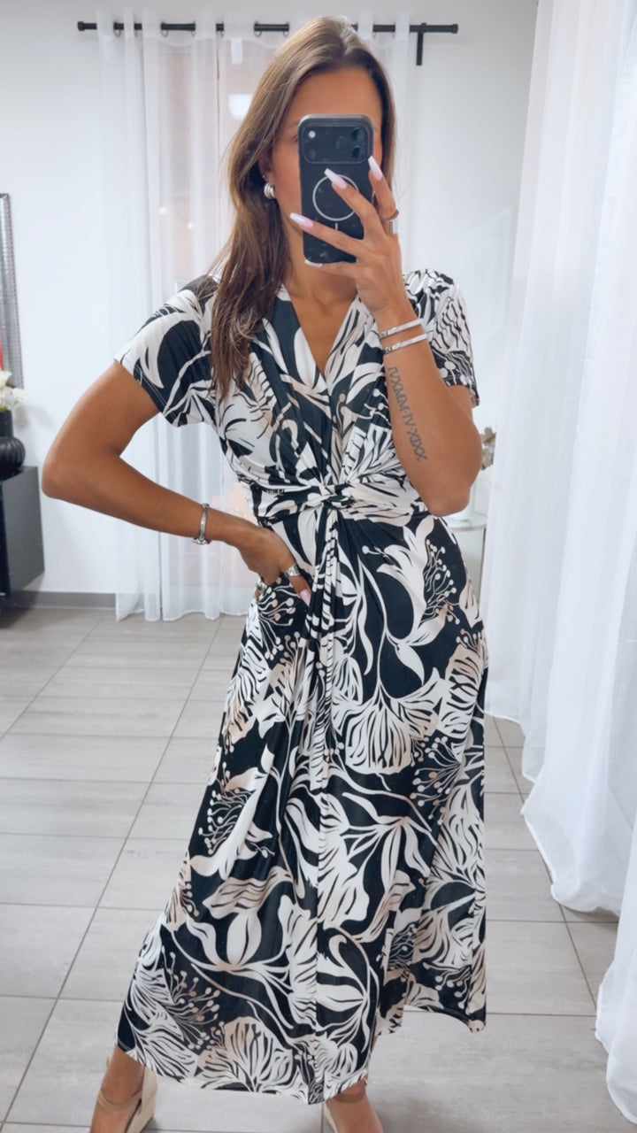 FLOWER MAXI Kleid mit T-Shirt Ärmeln raffiniertem Brustbereich / schwarz - beige Art.15055