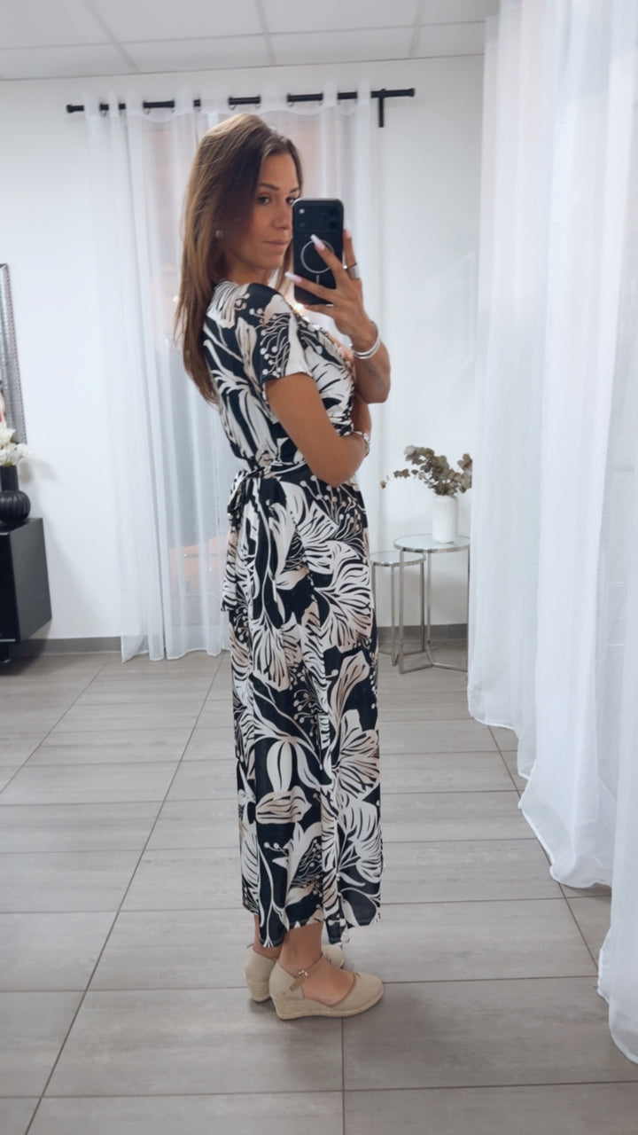 FLOWER MAXI Kleid mit T-Shirt Ärmeln raffiniertem Brustbereich / schwarz - beige Art.15055