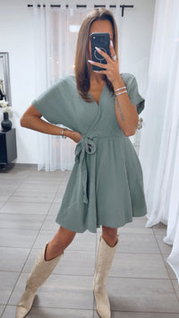 Kurzes Musselin WICKEL Kleid / khaki Art.15082