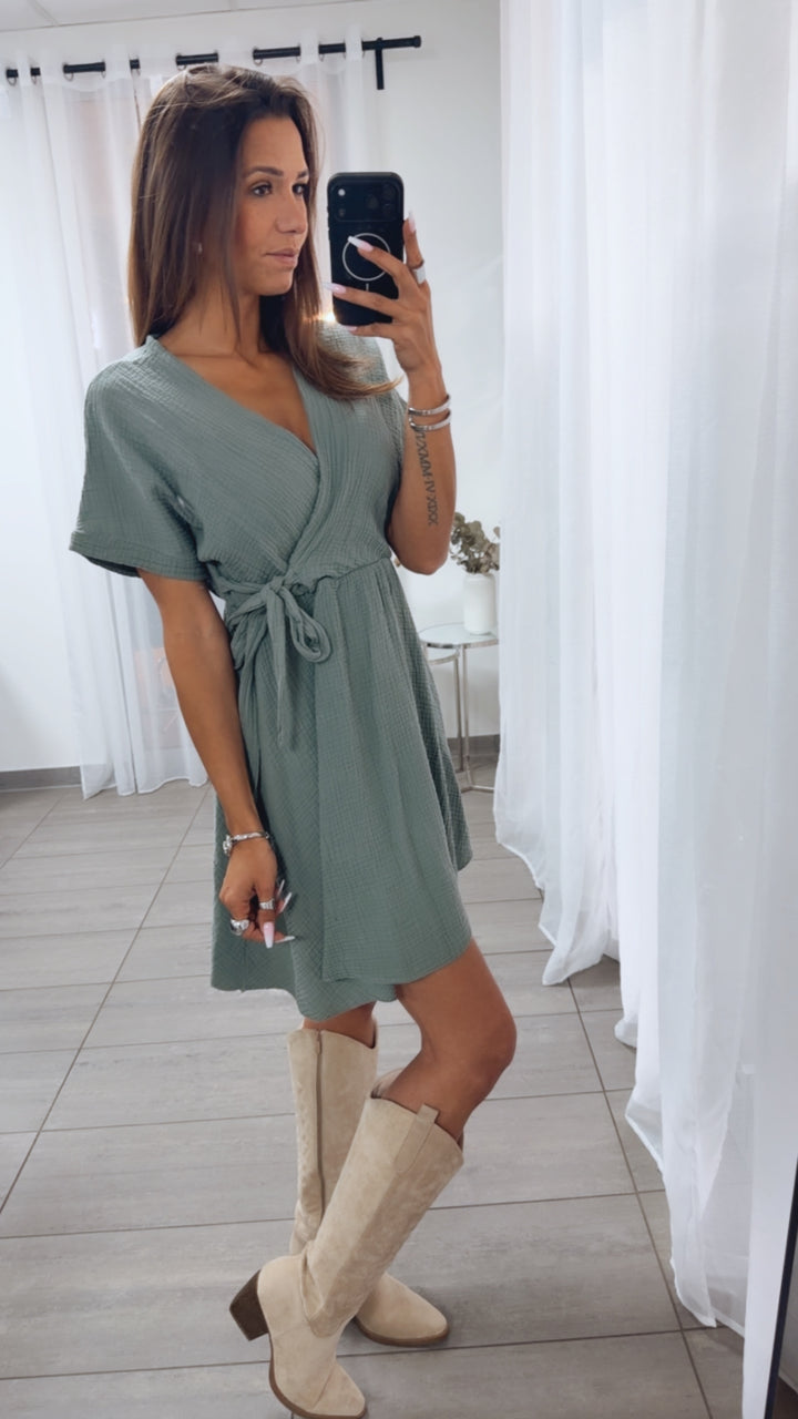 Kurzes Musselin WICKEL Kleid / khaki Art.15082