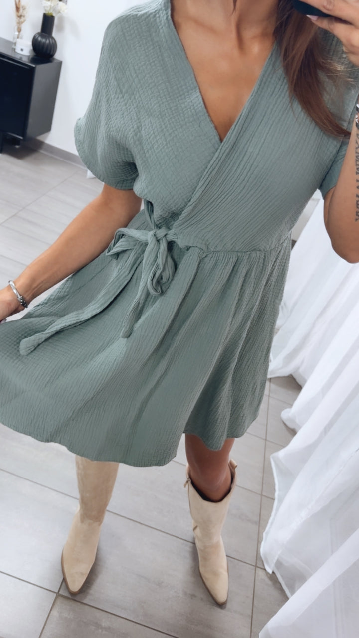 Kurzes Musselin WICKEL Kleid / khaki Art.15082