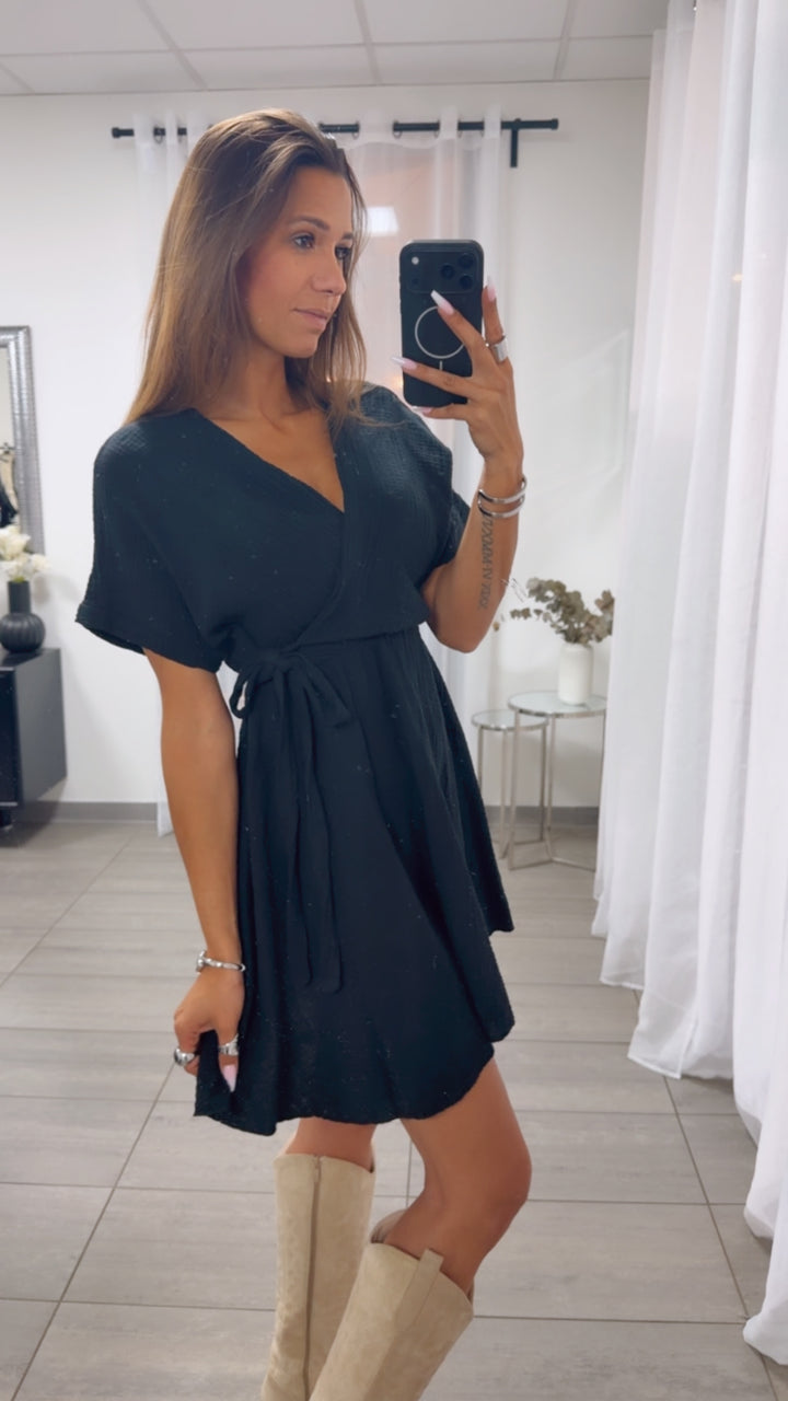 Kurzes Musselin WICKEL Kleid / schwarz Art.15081