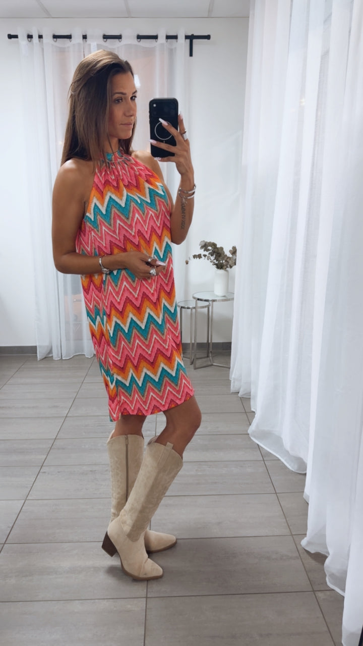 VORBESTELLUNG Kurzes, fließendes Kleid ZICKZACK Muster / pink - orange - petrol Art.15075