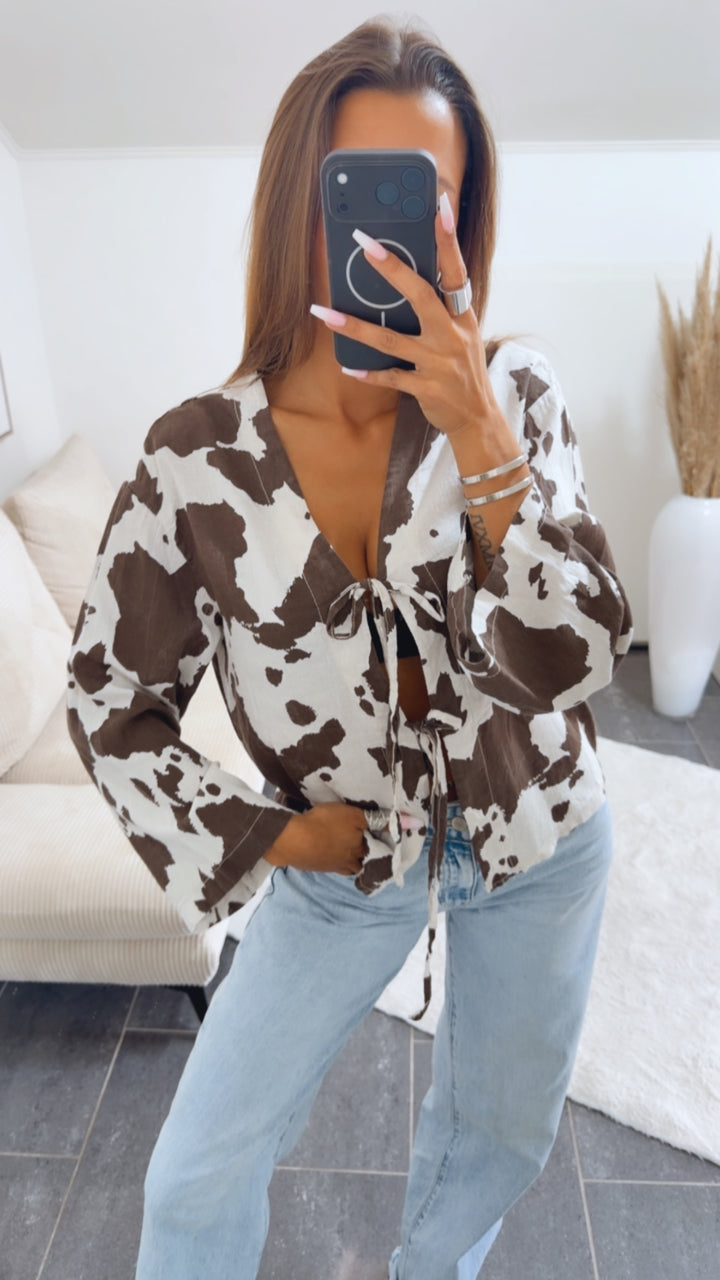 COW PRINT Bluse zum Binden / helles creme - braun Art.15001