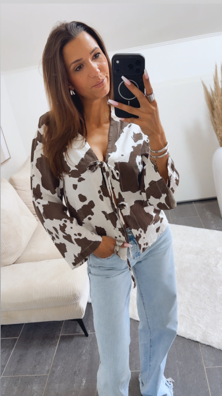 COW PRINT Bluse zum Binden / helles creme - braun Art.15001