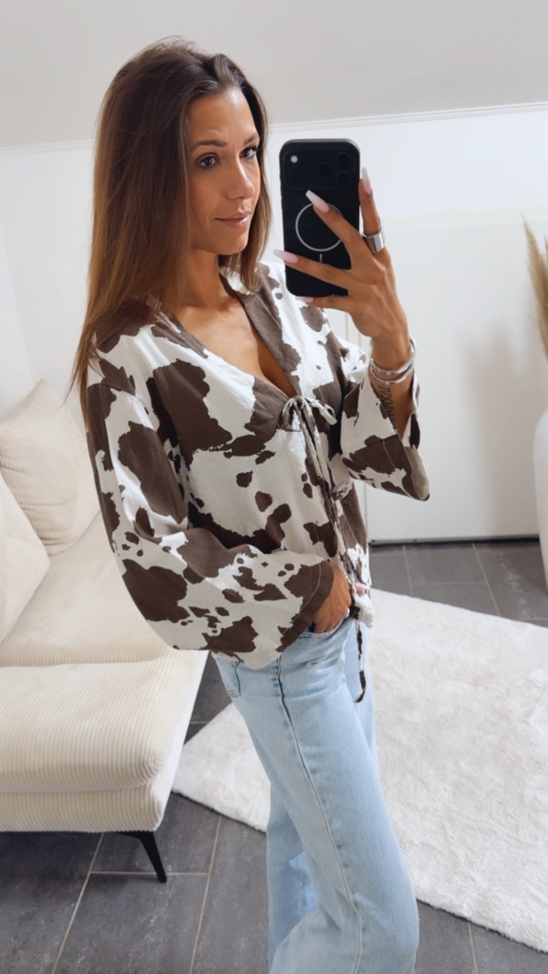 COW PRINT Bluse zum Binden / helles creme - braun Art.15001