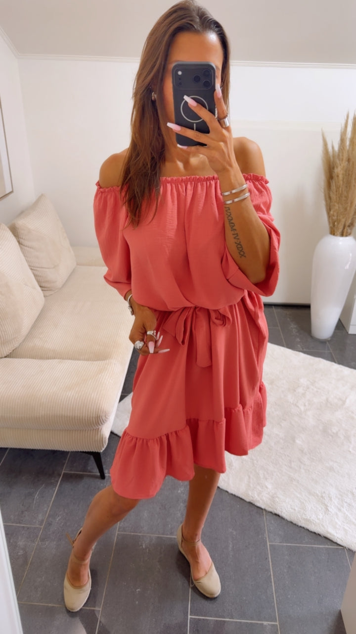 MIDI Off Shoulder Kleid mit Bindegürtel / beere Art.15015