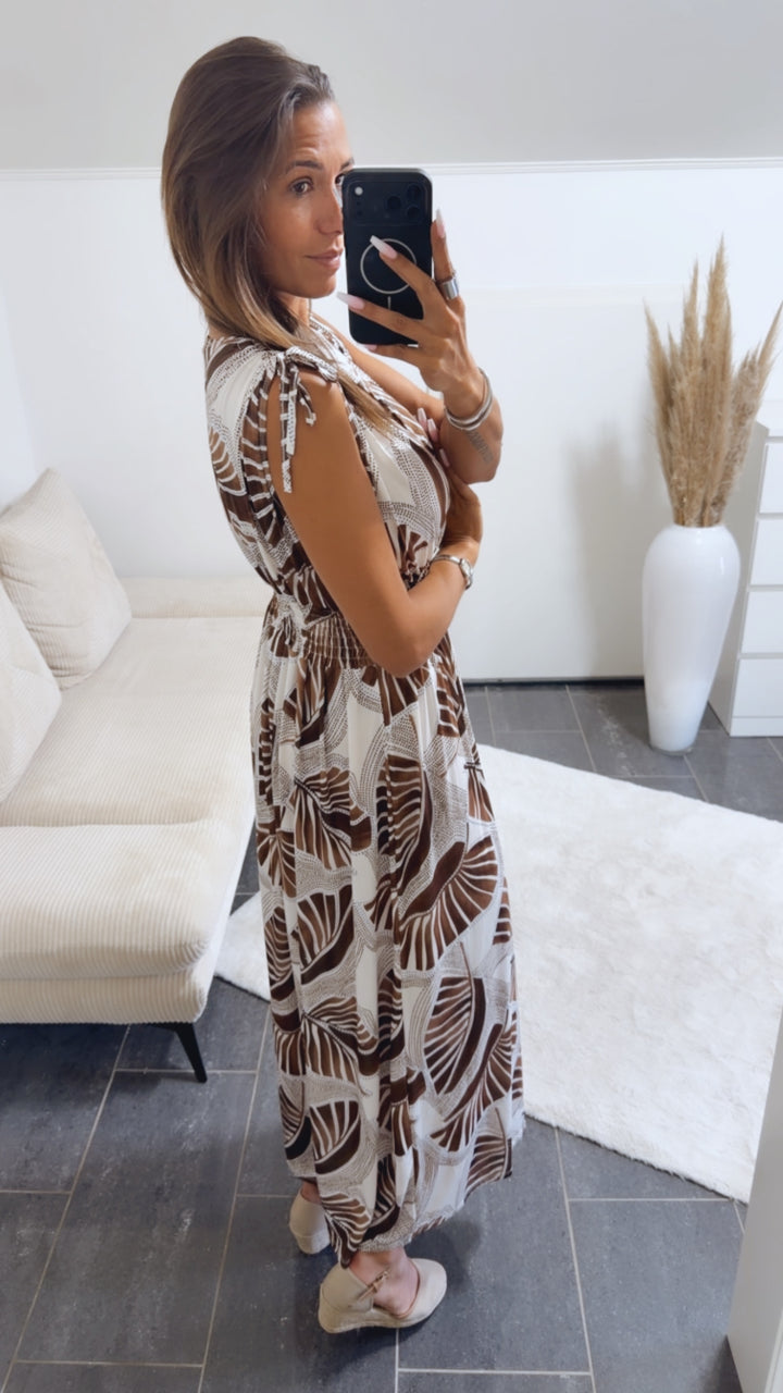 MAXI PALMEN weiß Kleid mit breiten Trägern und geraffter Taille / weiß - braun Art.15104