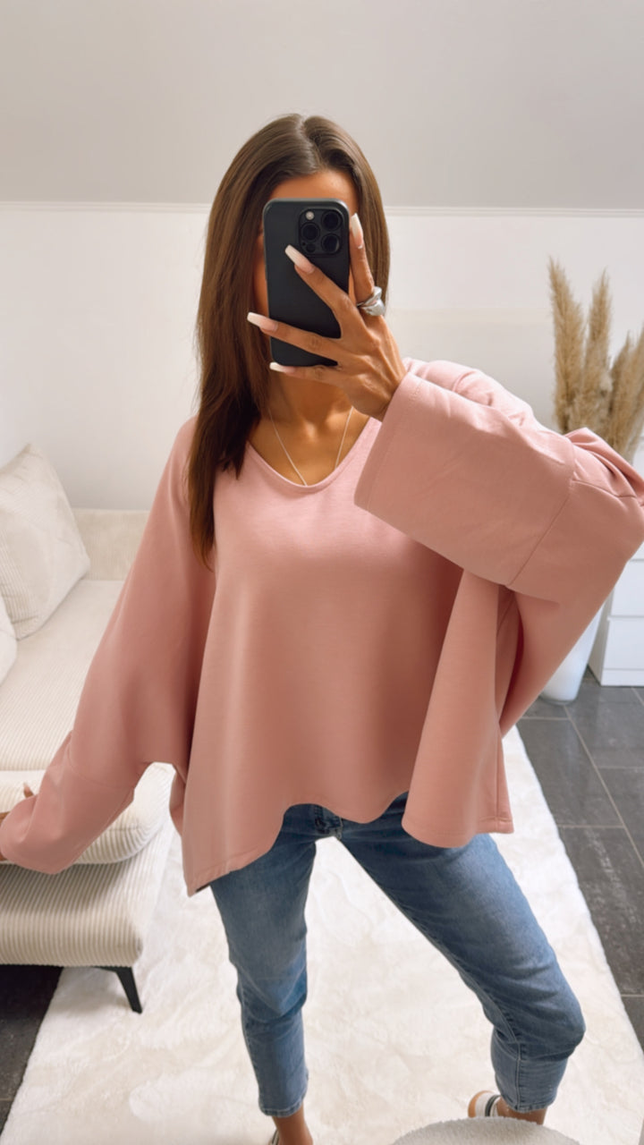 Oversize Butterstoff Sweater mit V-Ausschnitt / rosa Art. 9139