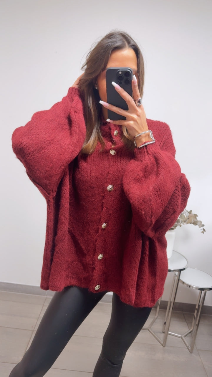 Kuschel Cardigan mit goldenen Knöpfen / weinrot - dunkel rot Art. 13731