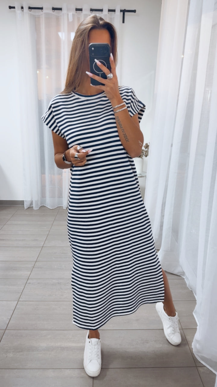 GESTREIFTES MIDI T-Shirt Kleid / dunkel blau - weiß Art.15111